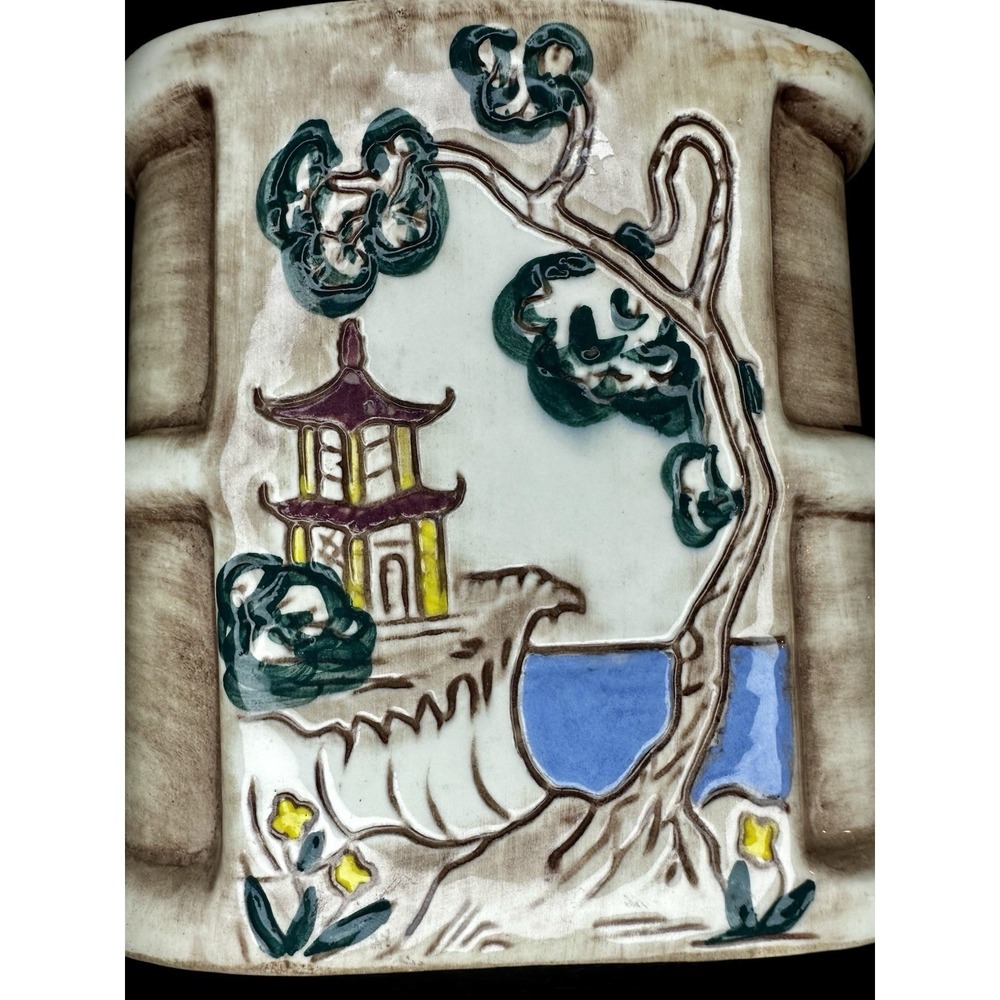 Vintage 1960's Cal Dania Pottery Ceramic Japanese Coastal Scene Motif Vase - Picture 8 of 10